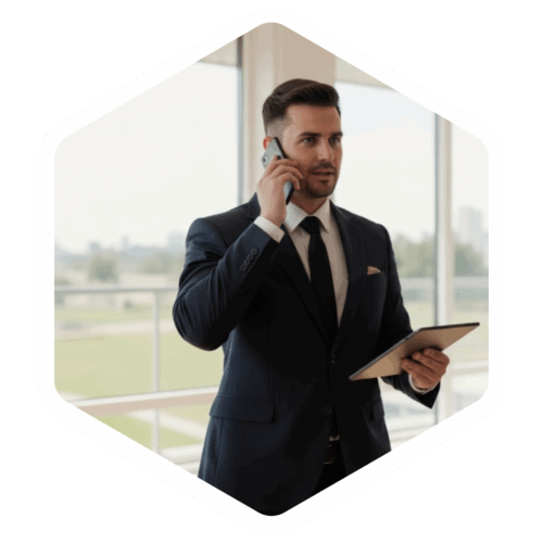 Immobilienmakler im modernen Büro telefoniert mit einem Kunden und hält ein Tablet, große Fenster mit Blick ins Grüne im Hintergrund.