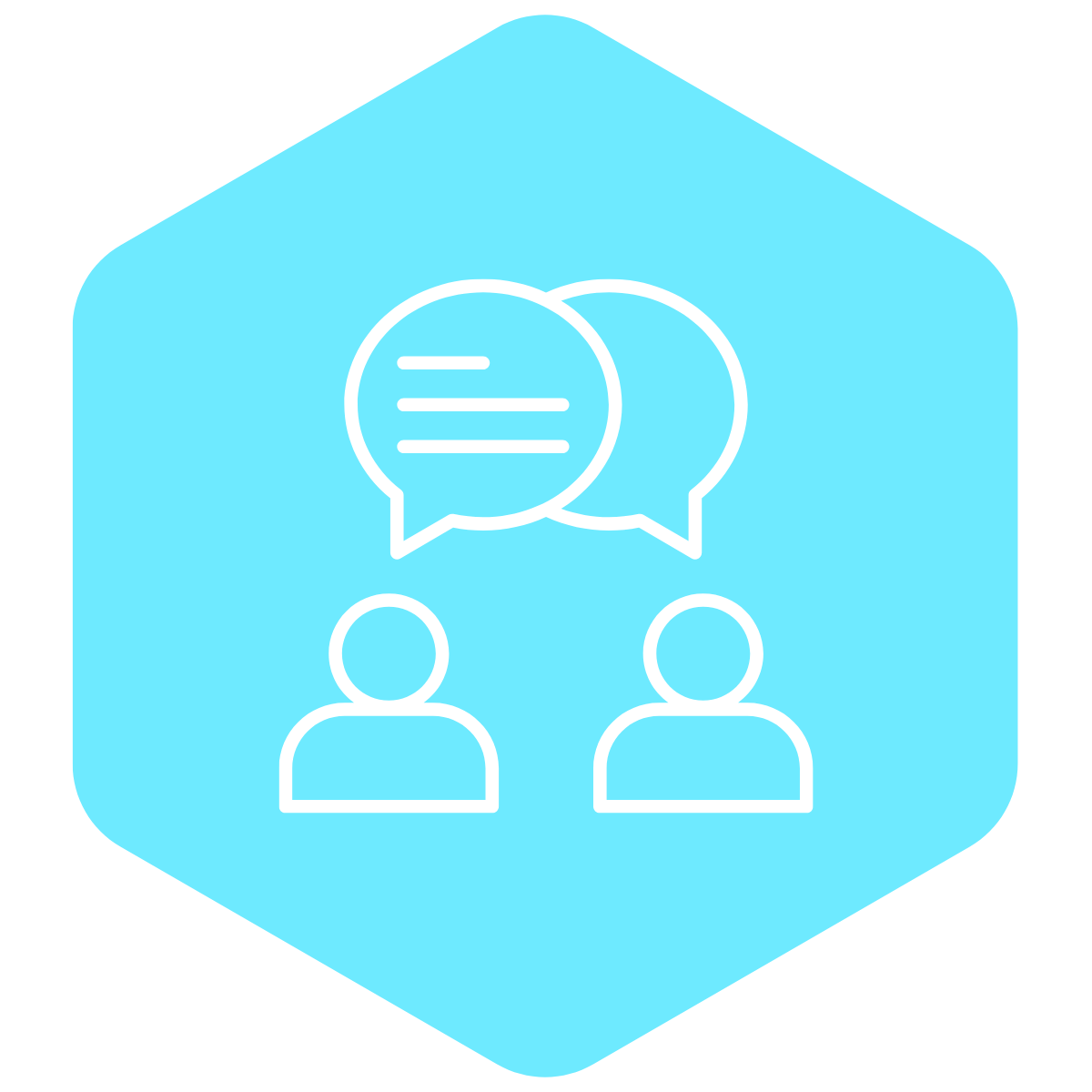 Zwei stilisierte Personen mit zwei sich überlappenden Sprechblasen darüber, dargestellt als weiße Linien auf einem hellblauen, sechseckigen Hintergrund.