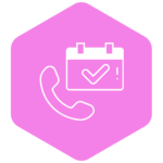 Weißes Symbol eines Telefonhörers und eines Kalenders mit Häkchen auf einem pinken, sechseckigen Hintergrund.