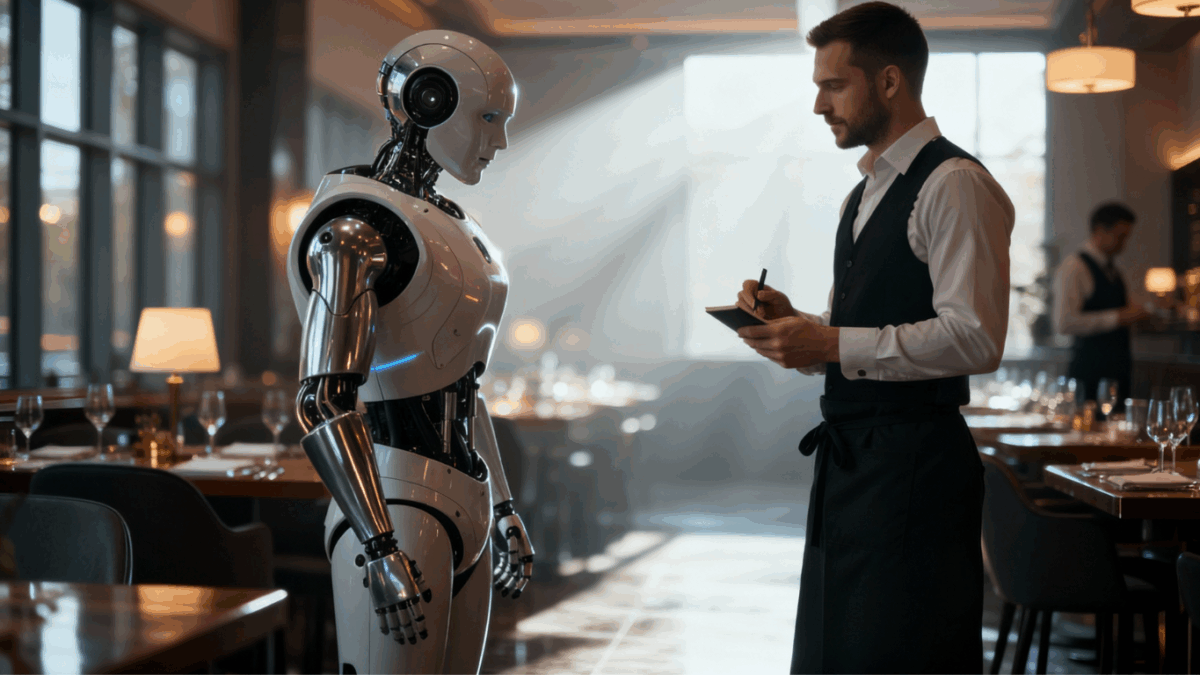 Ein lachender Mann im Restaurant, der eine Schürze trägt und telefoniert, während er gleichzeitig Notizen auf einem Blatt Papier macht. Warmes Sonnenlicht fällt durch große Fenster in den Raum.