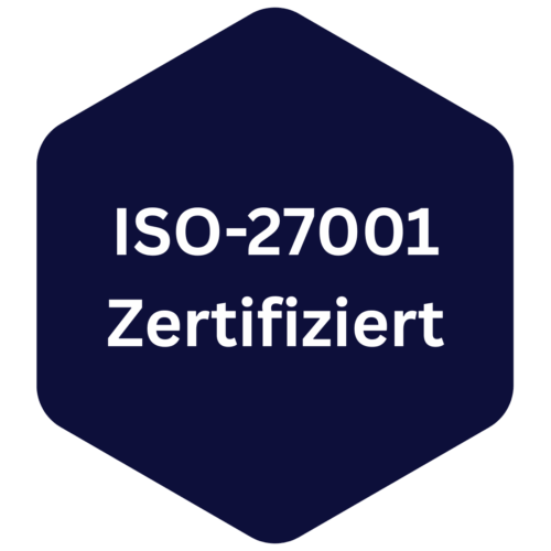 Weißer Text ‚ISO-27001 Zertifiziert‘ auf einem dunkelblauen, sechseckigen Hintergrund.