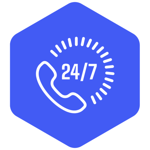 Weißes Telefonsymbol mit der Aufschrift ‚24/7‘ und umgebenden Strahlenlinien auf einem blauen, sechseckigen Hintergrund.