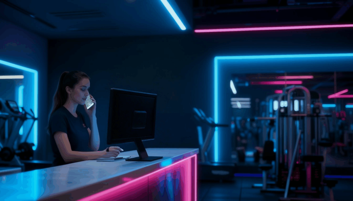 Mitarbeiterin am Empfang eines Fitnessstudios telefoniert und arbeitet gleichzeitig am Computer, umgeben von neonblauer und neonpinker Beleuchtung, mit Fitnessgeräten im Hintergrund.