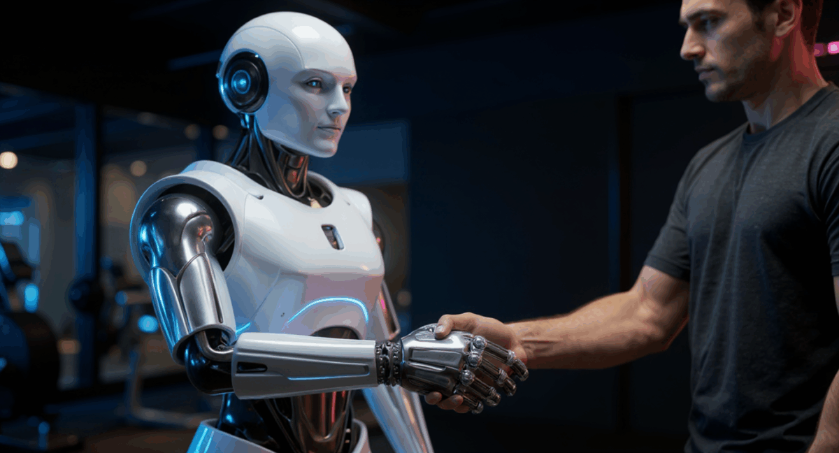 Humanoid robot with white armored body and chrome joints shaking hands with a man in a modern fitness studio, illuminated by cool blue neon lighting.