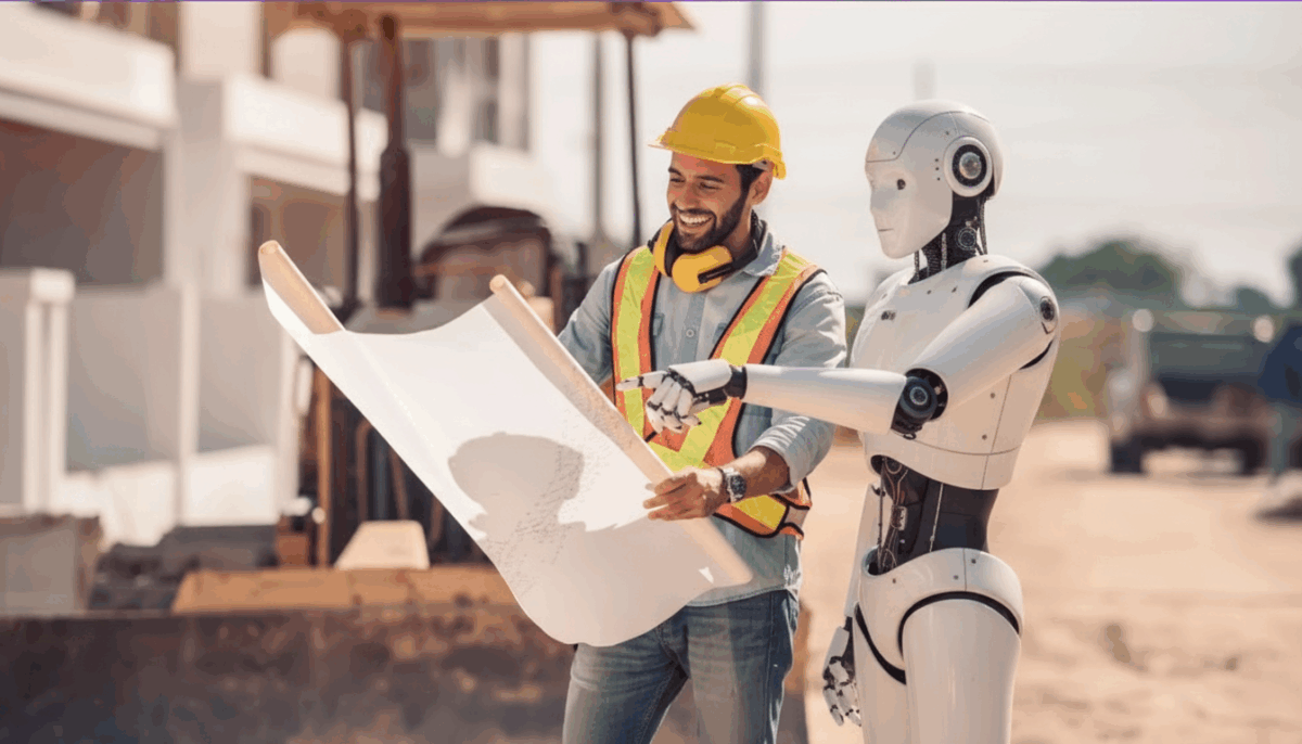 Ein Bauarbeiter und ein humanoider Roboter betrachten gemeinsam Baupläne auf einer sonnigen Baustelle