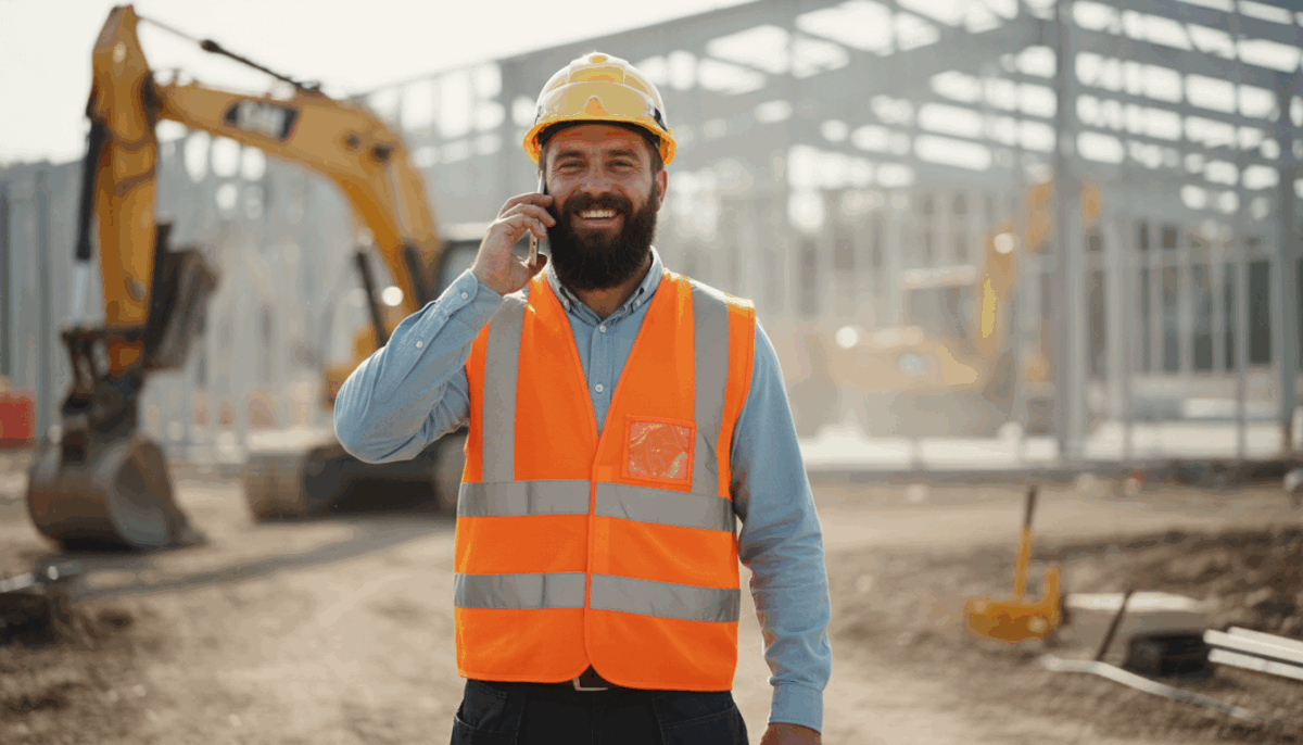 Ein Bauarbeiter mit gelber Schutzweste und Helm steht auf einer Baustelle und spricht lächelnd am Smartphone, im Hintergrund sind Bagger und Stahlkonstruktionen zu sehen.