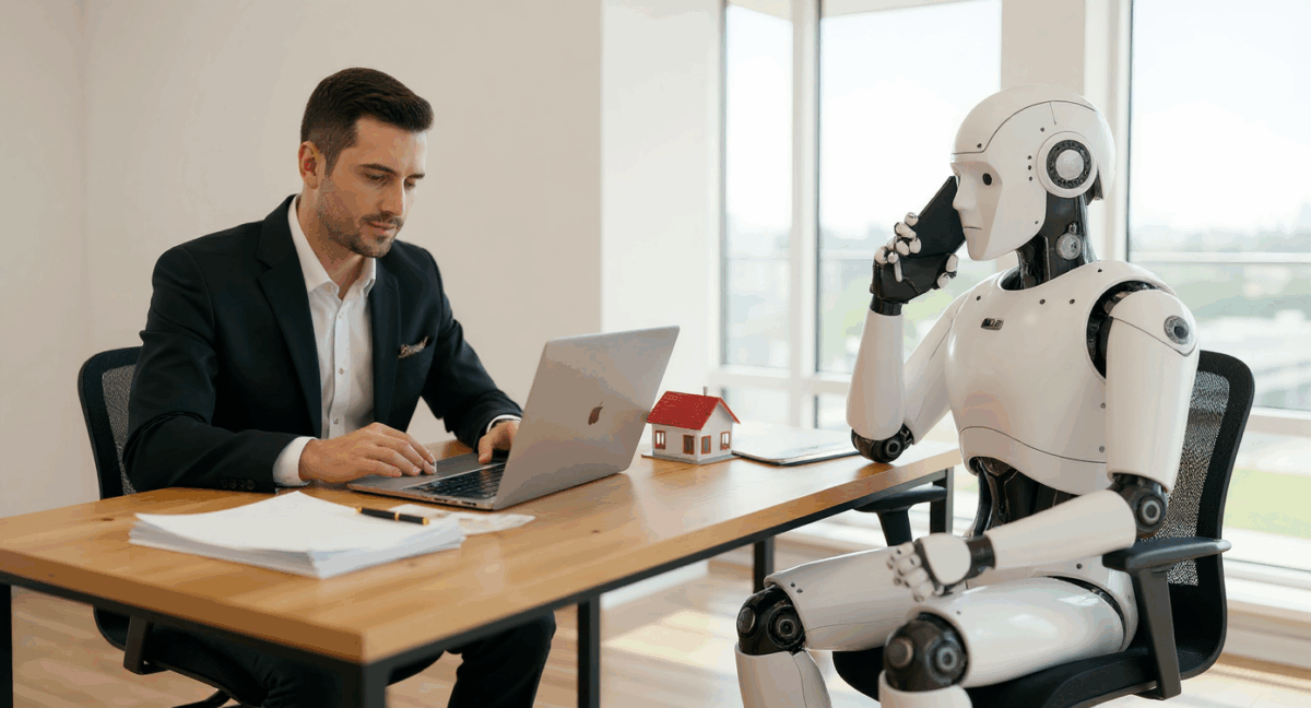 Hausverwalter arbeitet am Laptop im modernen Büro, während ein humanoider Roboter neben ihm sitzt und telefoniert – effiziente Zusammenarbeit von Mensch und KI in der Immobilienverwaltung.