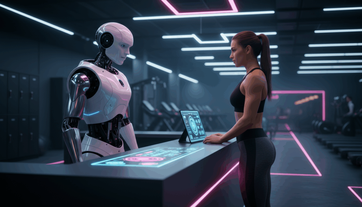 Eine sportlich gekleidete Frau steht an einem futuristischen Empfangstresen im Fitnessstudio und spricht mit einem humanoiden Roboter; neonpinkes und blaues Licht beleuchtet den Raum.